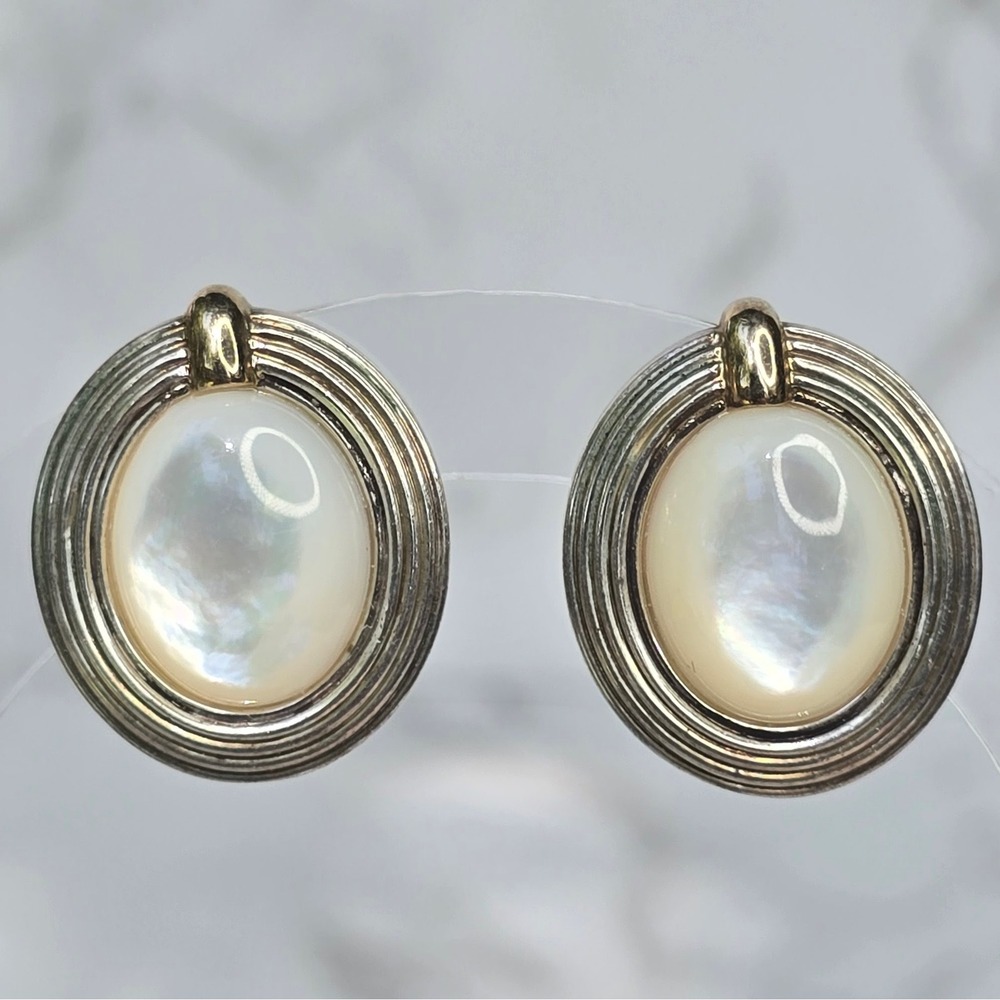 Vintage GV 925 Sterling Silver 14K Gold Mother of Pearl Omega Back Earrings